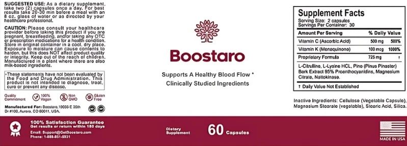 Boostaro supplement facts label with vitamins amino acids minerals and plant extracts
