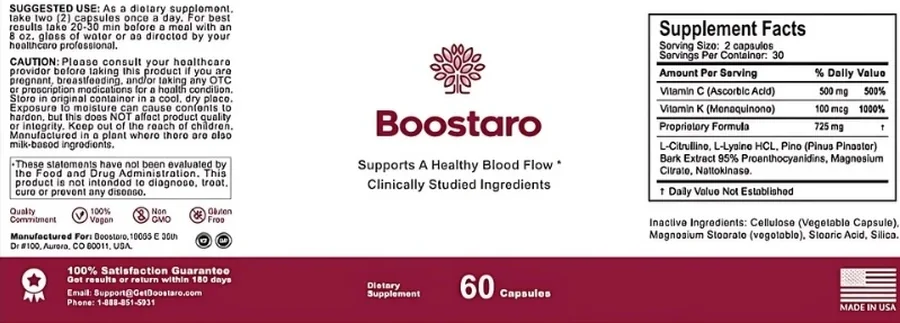 Boostaro Supplement Facts label showing Vitamin C, Vitamin K and a 725 mg proprietary blend